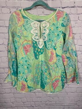 Lilly Pulitzer VTG Womens Peacock Floral Print Bell Sleeve Top Green Sz M Preppy